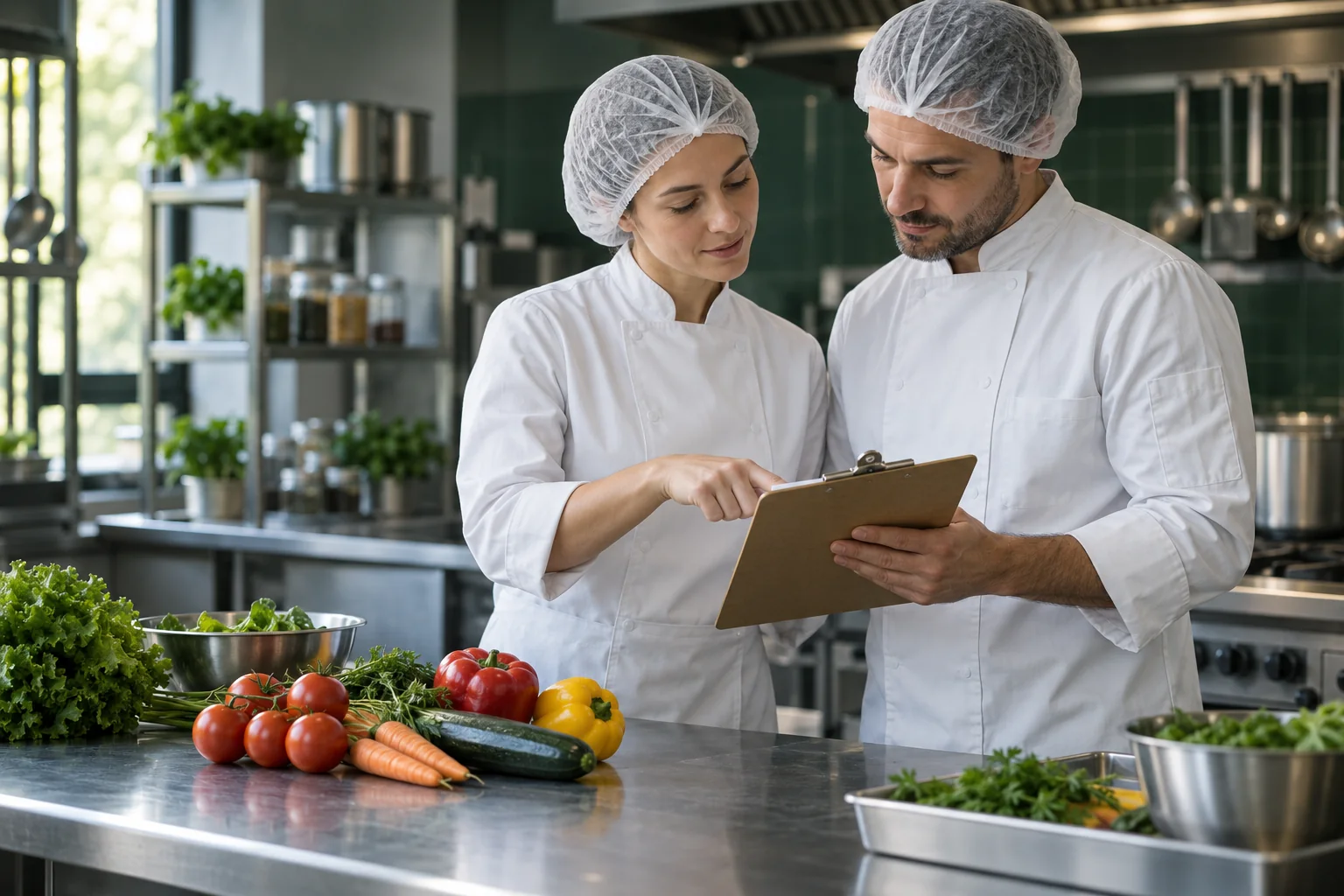 Profissionais de uma cozinha revisando juntos os processos de qualidade e boas práticas.